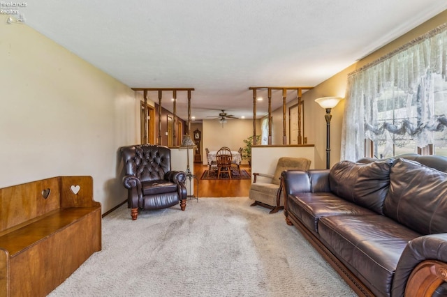 carpeted living room featuring recessed lighting and ceiling fan