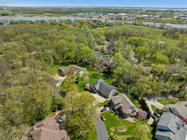 birds eye view of property featuring a water view and a residential view