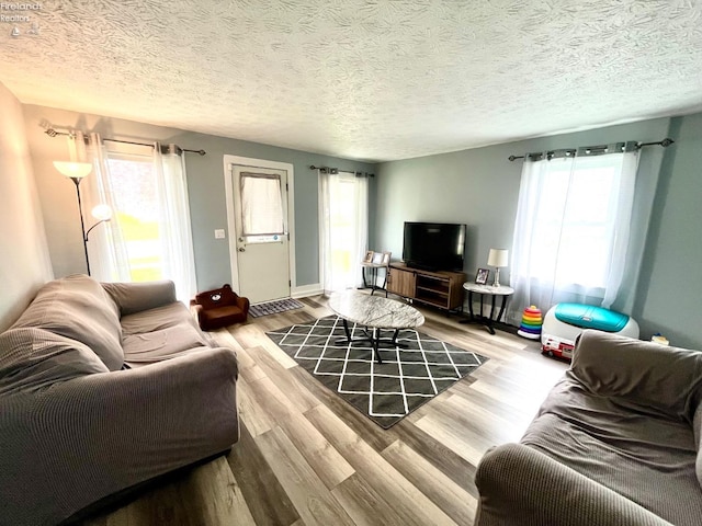 living room featuring a textured ceiling, plenty of natural light, and wood finished floors