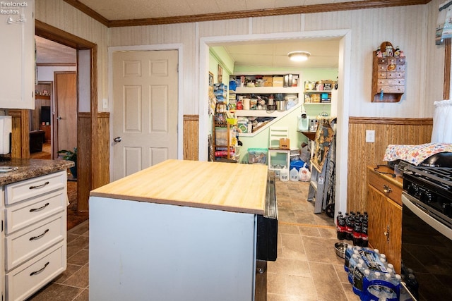 113 W Grant St, Clyde, OH 43410 - kitchen with range with gas stovetop, butcher block counters, ornamental molding, and wainscoting