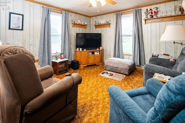 113 W Grant St, Clyde, OH 43410 - living room featuring ornamental molding, wood walls, ceiling fan, and a wealth of natural light