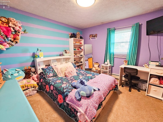 bedroom featuring carpet flooring and a textured ceiling