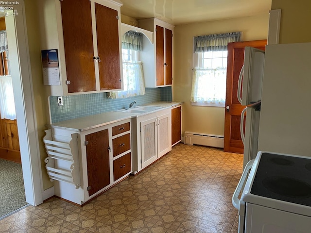 201 Gilcher Ct, Sandusky, OH 44870 - kitchen featuring a sink, white appliances, light floors, light countertops, and a baseboard radiator