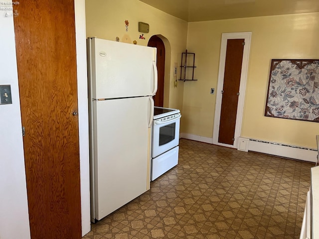 201 Gilcher Ct, Sandusky, OH 44870 - kitchen with tile patterned floors, white appliances, arched walkways, baseboards, and a baseboard radiator