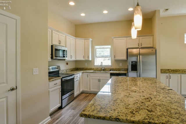 4340 E Mckenna Ln, Port Clinton, OH 43452 - kitchen featuring stainless steel appliances, a sink, white cabinets, wood finished floors, and recessed lighting