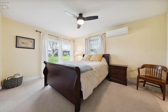 2951 N Chickadee Prt, Clinton, OH 43452 - bedroom featuring baseboards, ceiling fan, light carpet, and a wall mounted air conditioner