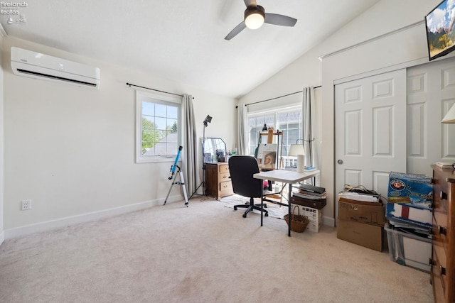 2951 N Chickadee Prt, Clinton, OH 43452 - office area featuring plenty of natural light, ceiling fan, vaulted ceiling, a wall mounted air conditioner, and light carpet
