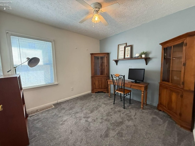120 Schiller Ave, Sandusky, OH 44870 - carpeted home office featuring a textured ceiling, a ceiling fan, baseboards, and visible vents
