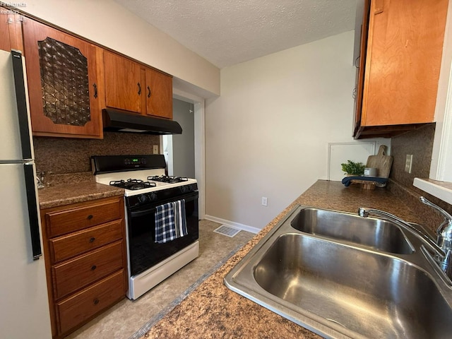 120 Schiller Ave, Sandusky, OH 44870 - kitchen featuring range with gas stovetop, a sink, brown cabinetry, under cabinet range hood, and freestanding refrigerator