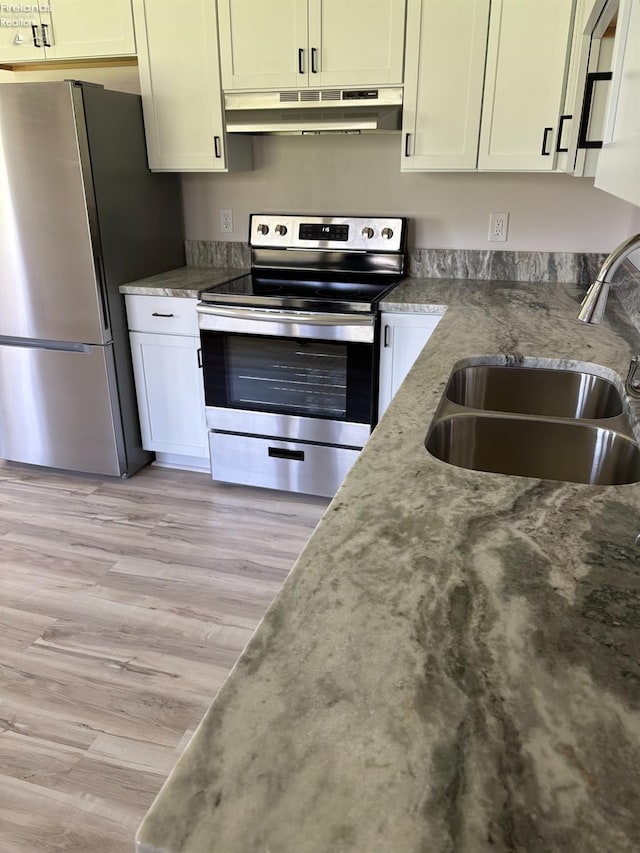 624 Shumaker Dr, Bellevue, OH 44811 - kitchen with light wood-style flooring, a sink, stainless steel appliances, under cabinet range hood, and stone counters