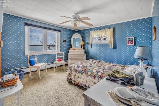 1270 Deist Rd, Middle Bass Island, OH 43446 - carpeted bedroom featuring crown molding, ceiling fan, and wallpapered walls