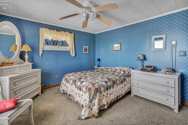 1270 Deist Rd, Middle Bass Island, OH 43446 - bedroom with baseboards, ceiling fan, carpet, and crown molding