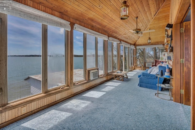 1270 Deist Rd, Middle Bass Island, OH 43446 - unfurnished sunroom featuring wood ceiling, carpet flooring, and a water view
