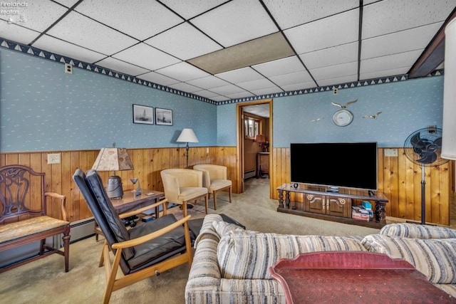 1270 Deist Rd, Middle Bass Island, OH 43446 - carpeted living area with a drop ceiling, wooden walls, a wainscoted wall, and wallpapered walls