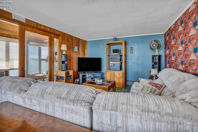 1270 Deist Rd, Middle Bass Island, OH 43446 - carpeted living room with ornamental molding and wood walls
