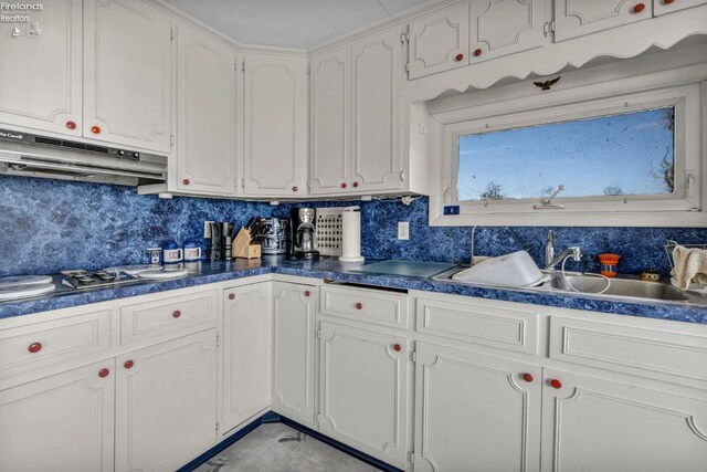 1270 Deist Rd, Middle Bass Island, OH 43446 - kitchen with stovetop, a sink, backsplash, and under cabinet range hood