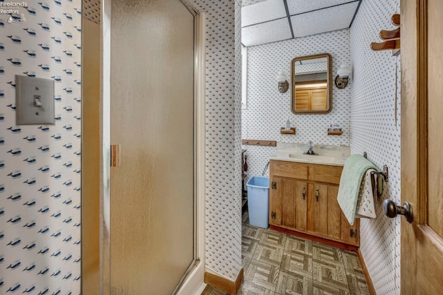 1270 Deist Rd, Middle Bass Island, OH 43446 - bathroom with wallpapered walls, a shower stall, and vanity