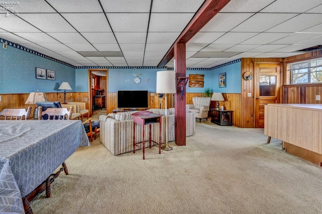 1270 Deist Rd, Middle Bass Island, OH 43446 - interior space featuring wood walls, wallpapered walls, carpet floors, a drop ceiling, and wainscoting
