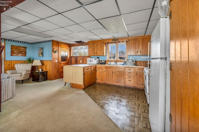 1270 Deist Rd, Middle Bass Island, OH 43446 - kitchen featuring wood walls, a drop ceiling, white appliances, and light countertops