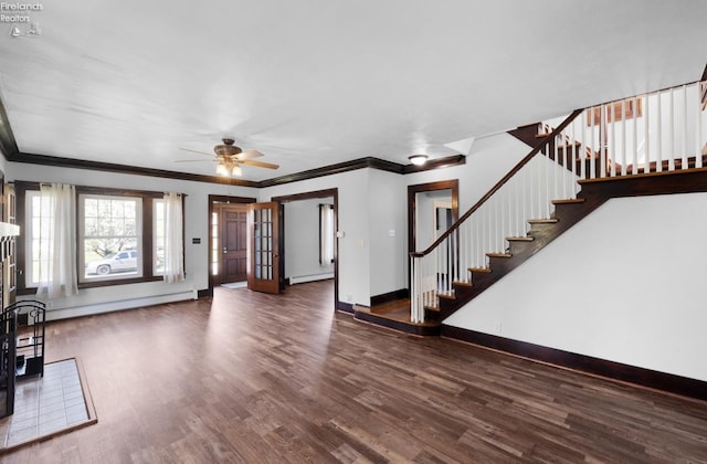 1507 S Lakeview Blvd, Lorain, OH 44052 - unfurnished living room with stairs, ceiling fan, wood finished floors, and a baseboard radiator
