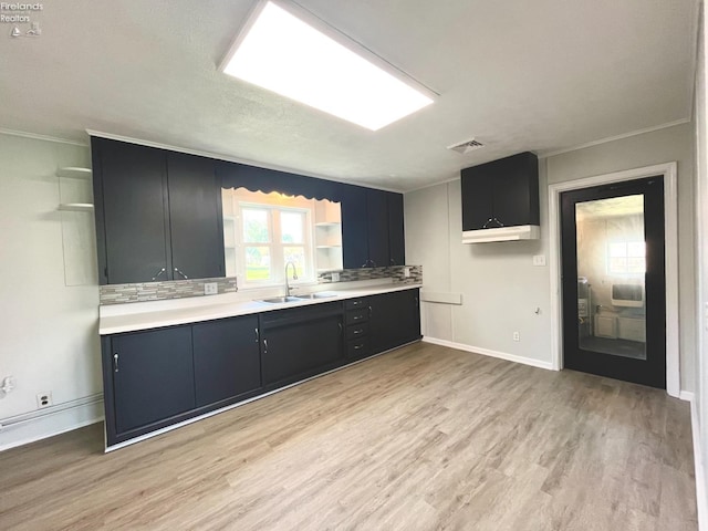 120 Mckim St, Bellevue, OH 44811 - kitchen with dark cabinets, light wood-style flooring, open shelves, light countertops, and a sink