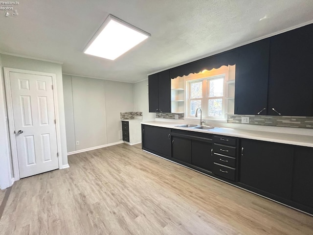 120 Mckim St, Bellevue, OH 44811 - kitchen with open shelves, dark cabinets, light wood-style flooring, and a sink