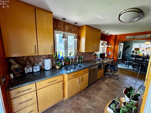 5106 Ottawa River Rd, Toledo, OH 43611 - kitchen with tasteful backsplash, hanging light fixtures, dark stone counters, appliances with stainless steel finishes, and a sink