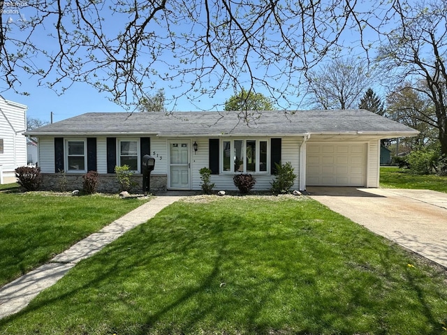 ranch-style home featuring a garage, concrete driveway, a front lawn, and stone siding