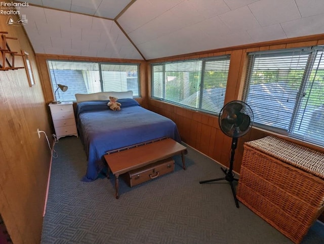 428 Cedar, Lakeside, OH 43440 - bedroom with multiple windows, wooden walls, lofted ceiling, and carpet floors
