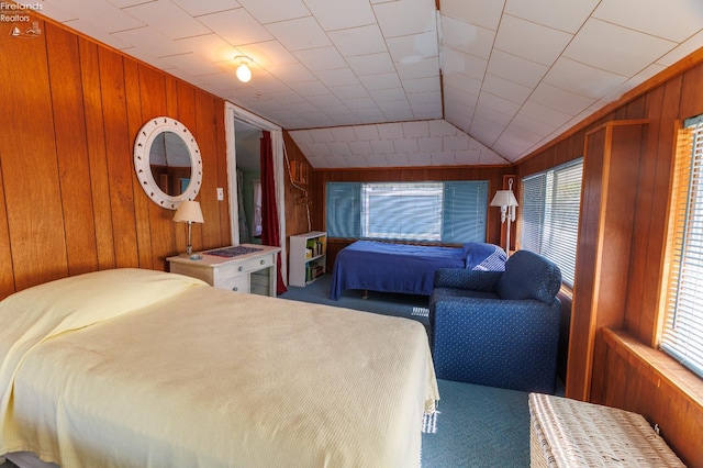 428 Cedar, Lakeside, OH 43440 - carpeted bedroom featuring wood walls, multiple windows, and vaulted ceiling