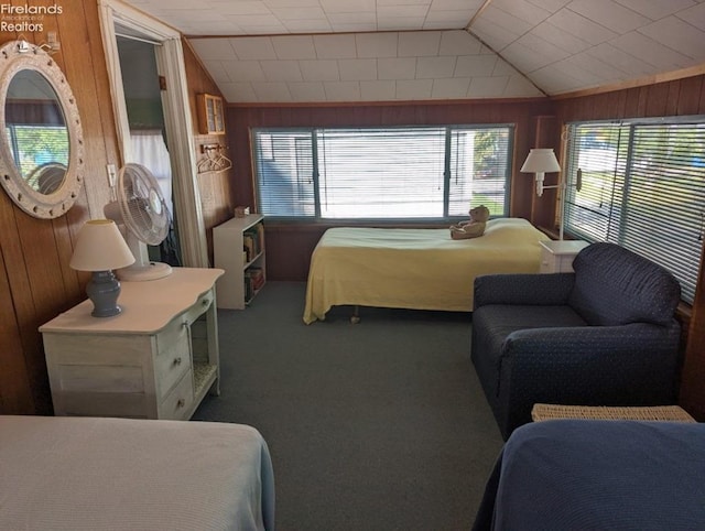 428 Cedar, Lakeside, OH 43440 - carpeted bedroom featuring lofted ceiling and wooden walls
