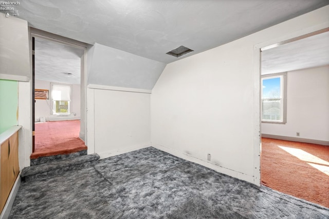 additional living space featuring carpet flooring, baseboards, and vaulted ceiling