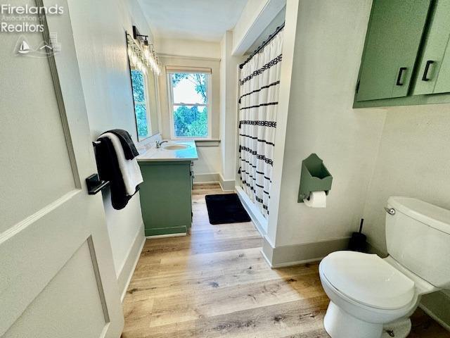 1026 Claremont Ave, Ashland, OH 44805 - bathroom featuring wood finished floors, toilet, a stall shower, and vanity