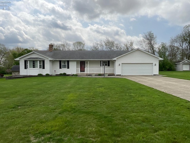 ranch-style house featuring a chimney, a garage, concrete driveway, a porch, and a front lawn