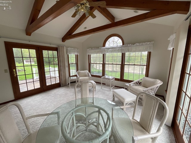 carpeted living area with high vaulted ceiling, a ceiling fan, a healthy amount of sunlight, and beam ceiling