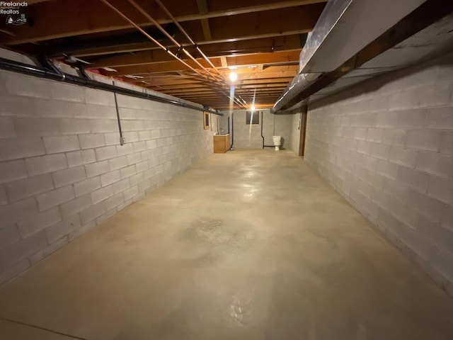 unfinished basement featuring concrete block wall