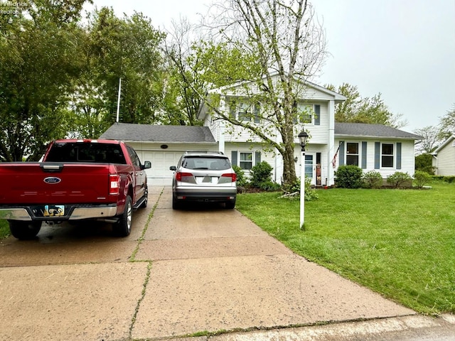 tri-level home with a garage, driveway, roof with shingles, and a front lawn