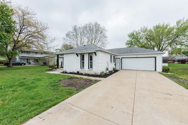 412 E 10th St, Port Clinton, OH 43452 - ranch-style house with concrete driveway, a garage, a front yard, brick siding, and a chimney