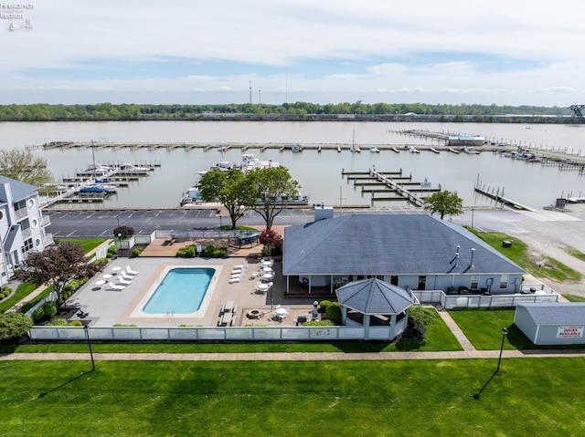 264 Clinton Reef Dr, Port Clinton, OH 43452 - aerial view of property and surrounding area with a nearby body of water, a pool area, and a marina