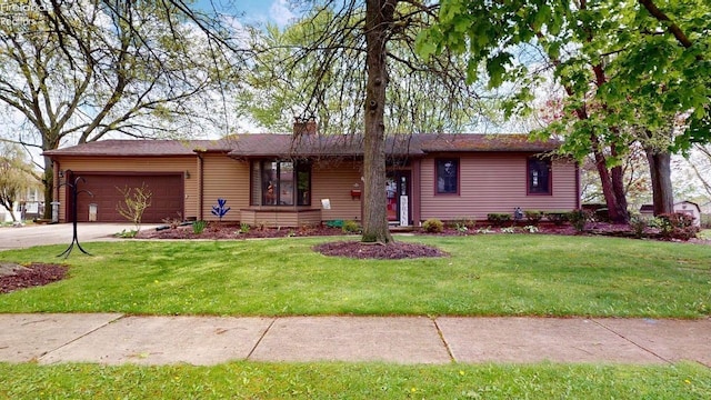 66 Hillcrest Dr, Willard, OH 44890 - ranch-style home featuring an attached garage, a chimney, driveway, and a front yard