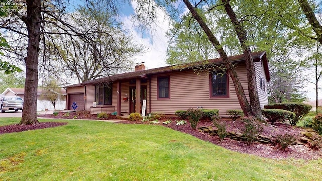 66 Hillcrest Dr, Willard, OH 44890 - ranch-style home with a garage, a chimney, and a front lawn