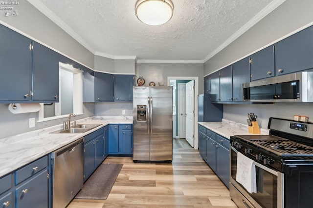 515 Berlin Rd, Huron, OH 44839 - kitchen featuring appliances with stainless steel finishes, a sink, blue cabinets, a textured ceiling, and ornamental molding