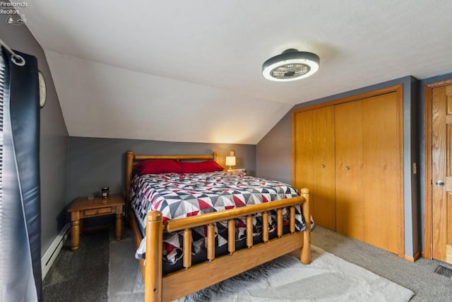 515 Berlin Rd, Huron, OH 44839 - bedroom featuring carpet floors, a baseboard radiator, lofted ceiling, and baseboards