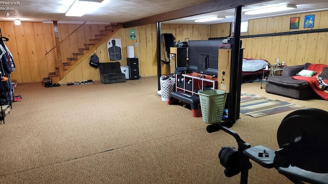 903 N Warpole, Upper Sandusky, OH 43351 - finished basement with wood walls, carpet floors, and stairway