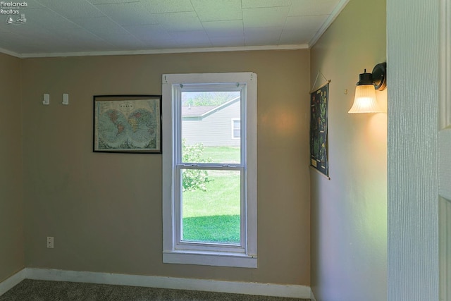 entryway featuring crown molding, baseboards, and carpet flooring