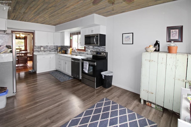 206 Lincoln Dr, Port Clinton, OH 43452 - kitchen with stainless steel appliances, a sink, wood ceiling, white cabinetry, and backsplash