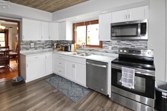 206 Lincoln Dr, Port Clinton, OH 43452 - kitchen with stainless steel appliances, a sink, wooden ceiling, dark wood-type flooring, and white cabinets