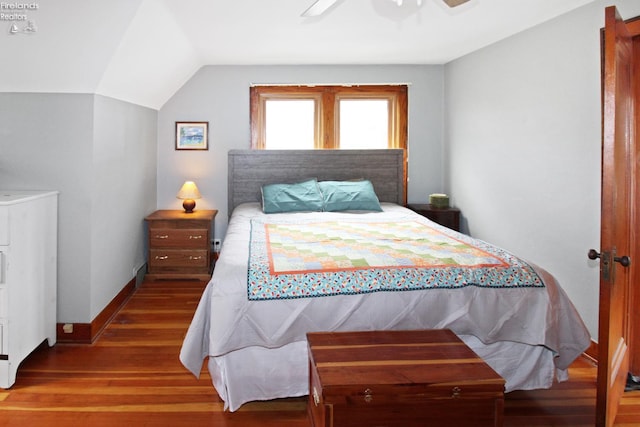 206 Lincoln Dr, Port Clinton, OH 43452 - bedroom featuring wood finished floors, vaulted ceiling, ceiling fan, and baseboards