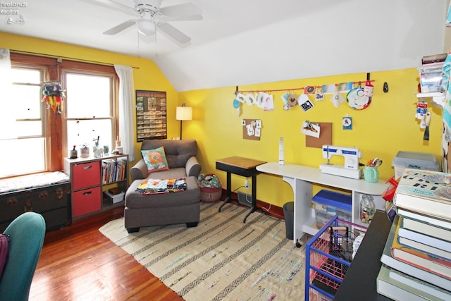 206 Lincoln Dr, Port Clinton, OH 43452 - office area with a ceiling fan, lofted ceiling, and wood finished floors
