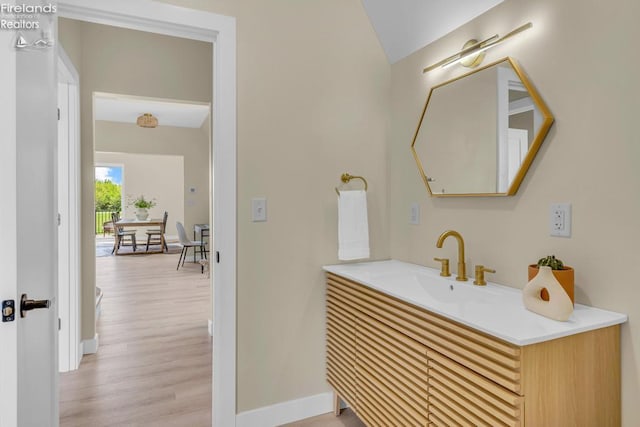 1861 N Opfer Lentz Rd, Martin, OH 43445 - bathroom with wood finished floors, vaulted ceiling, baseboards, and vanity